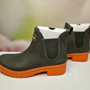 Barbour Olive Green and Orange Chelsea Rain Boots